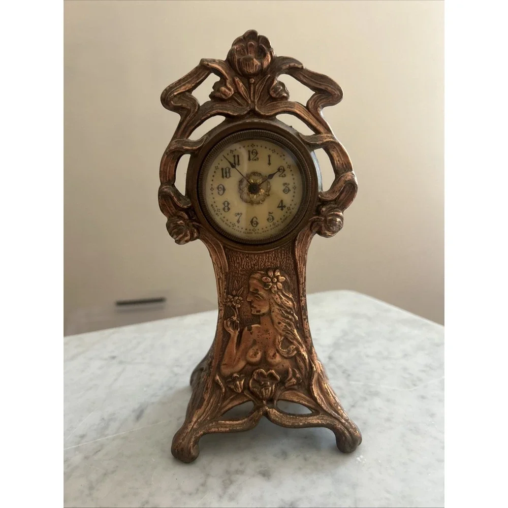 Antique Art Nouveau Figural Lady Mantel Clock New Haven c1900 Not Tested